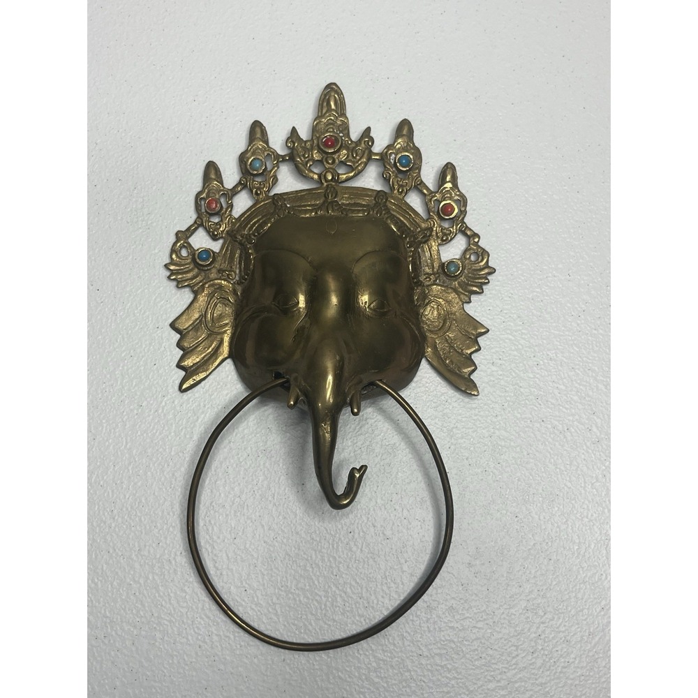 Vtg Brass Elephant Towel Holder Door Knocker Wall Decor Turquoise Coral Tibetan?